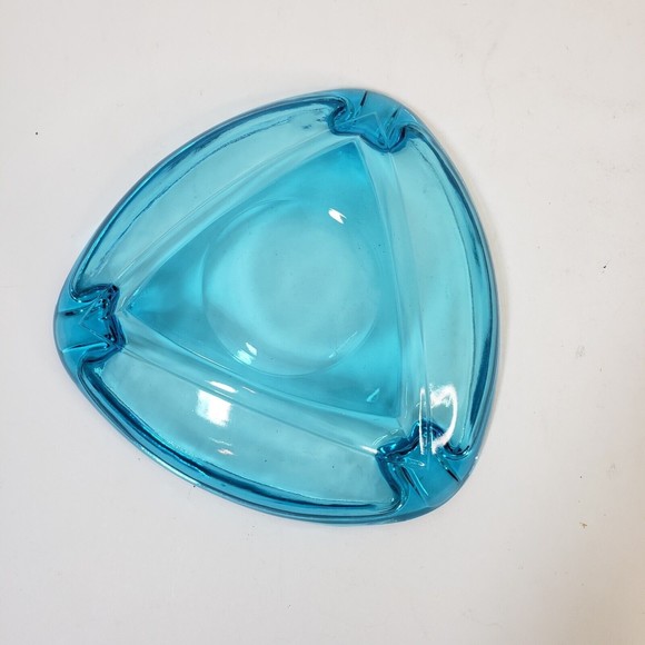 Vintage MCM Hazel Atlas Triangle Atomic Aqua Blue Glass Ashtray 7” - Picture 3 of 5